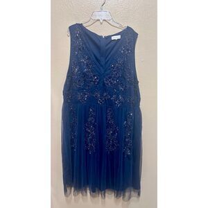 Maya Deluxe Plus Size Blue Beaded‎ Embellished Sleeveless Tulle Dress
